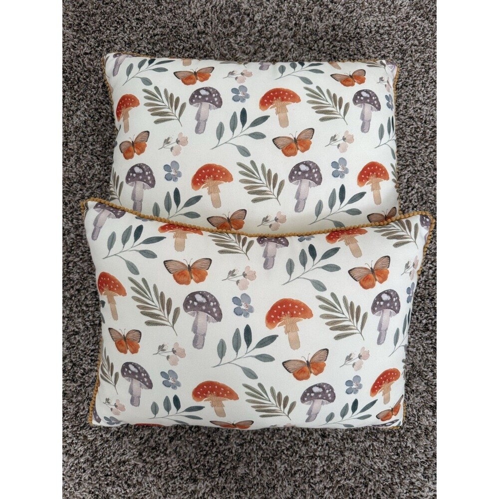 Set Of Two Cottagecore Mushroom & Butterfly Botanical Throw Pillows